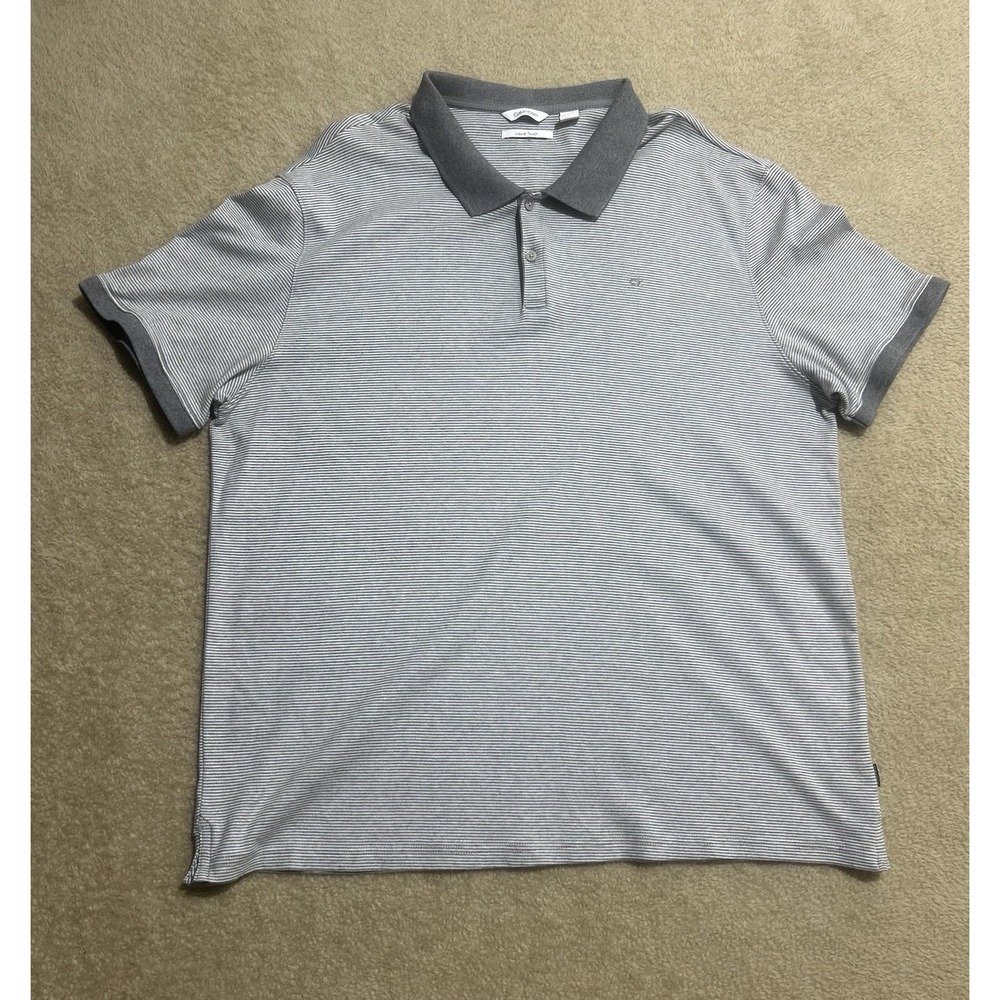 Calvin Klein Liquid Touch Polo Shirt Men 2XL Gray & White Striped Cotton Preppy
